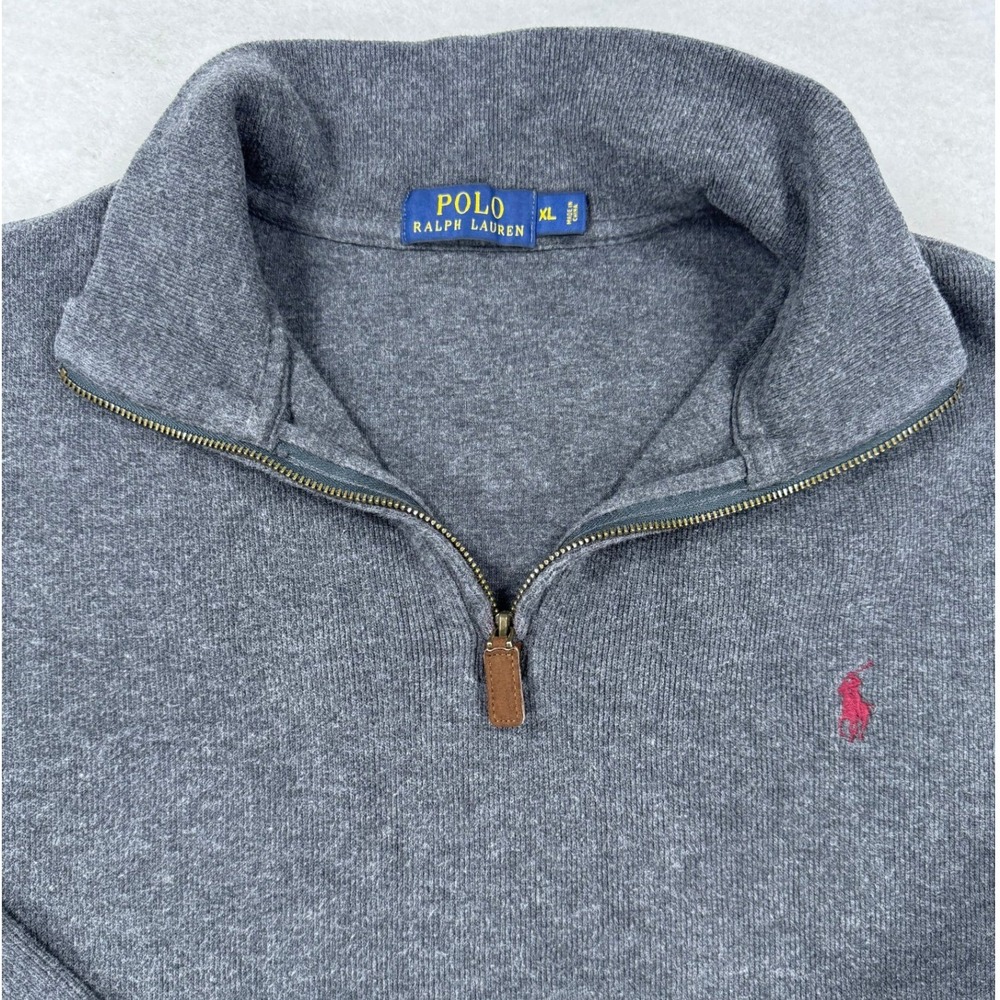 Polo Ralph Lauren Mens XL Quarter Zip Sweater Grey Red Pony Logo Pullover